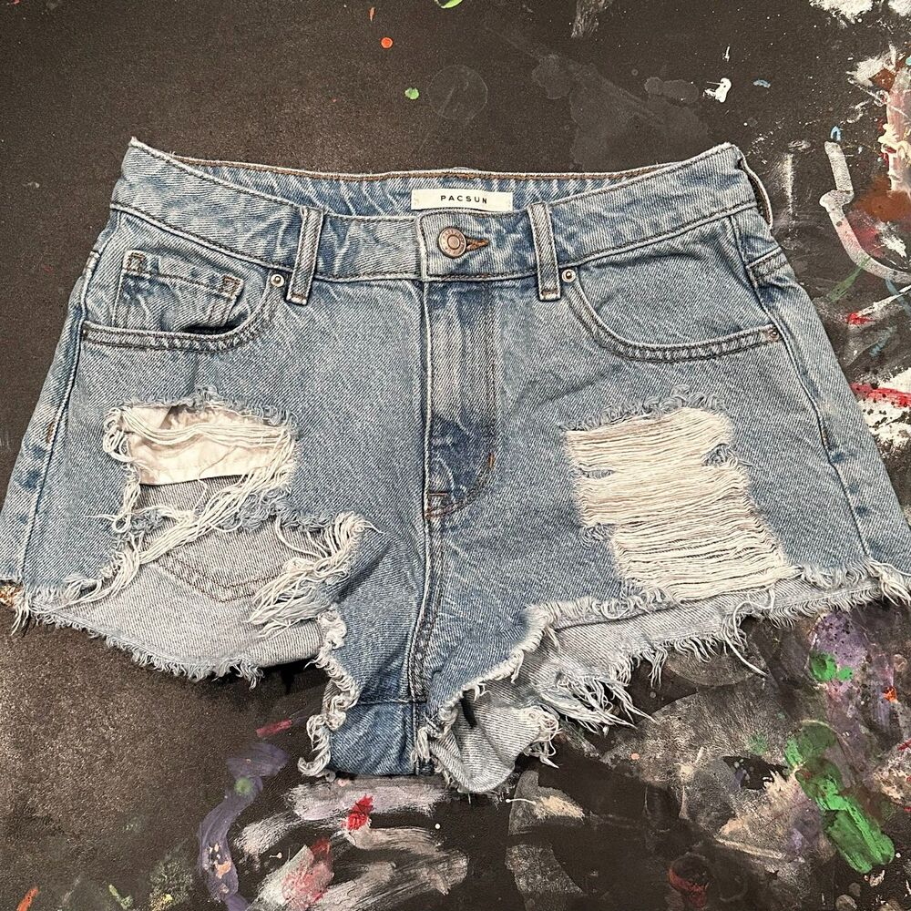 PacSun High Rise Festival Destroyed Denim Shorts Light Wash Sz 26